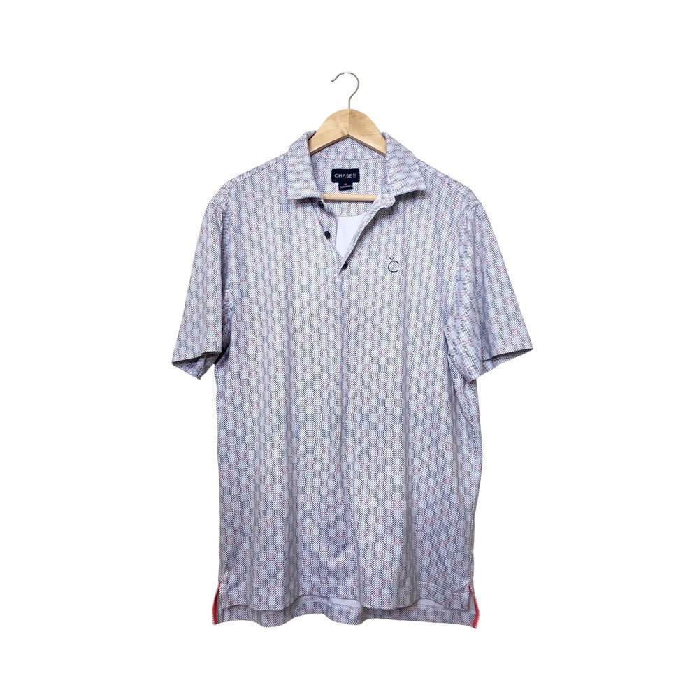Chase 54 Mens Golf Polo Shirt Medium White Grey Coral Geometric Performance